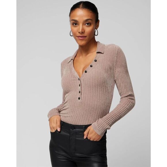 WHITE HOUSE BLACK MARKET Chenille Henley Sweater Taupe Size XL EUC R576 - Picture 1 of 7